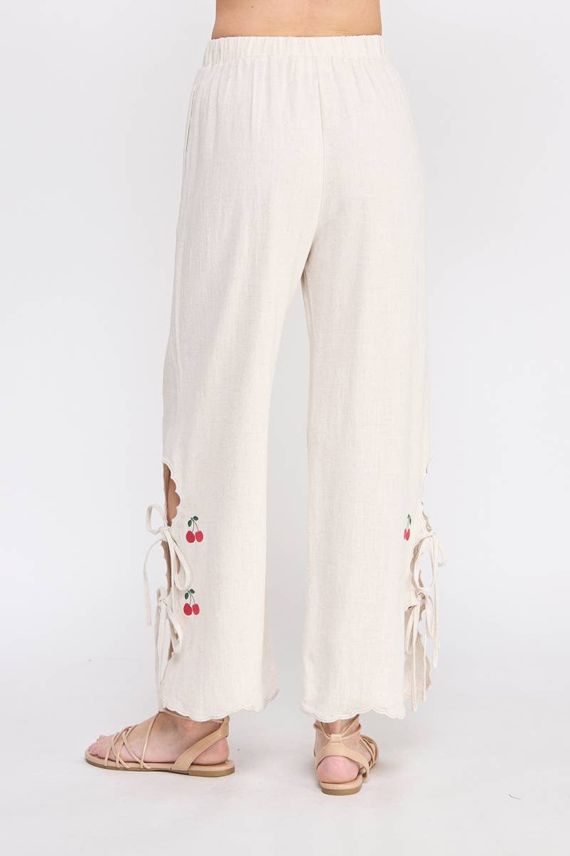Allie Rose - Soft Linen Elastic Waist Embroidered Pants