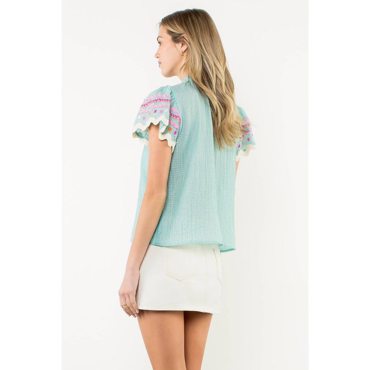 Flutter Sleeve Embroidered Detail Textured Top