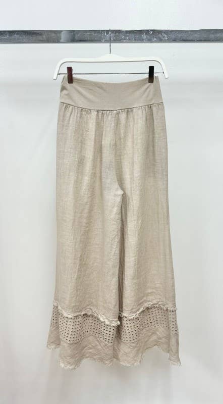 VENTI6 - FRINGE HEM EYELET CONTRAST WIDE LEG LINEN PANTS