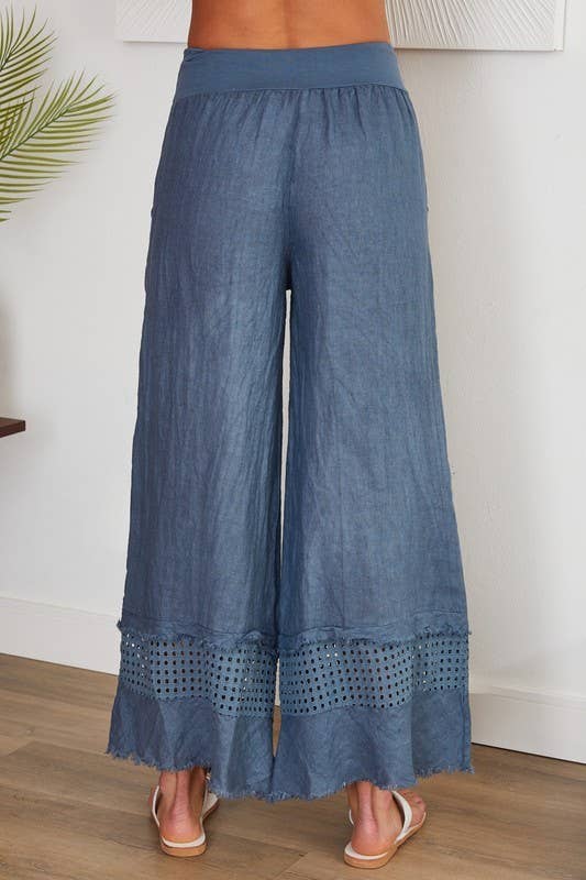 VENTI6 - FRINGE HEM EYELET CONTRAST WIDE LEG LINEN PANTS