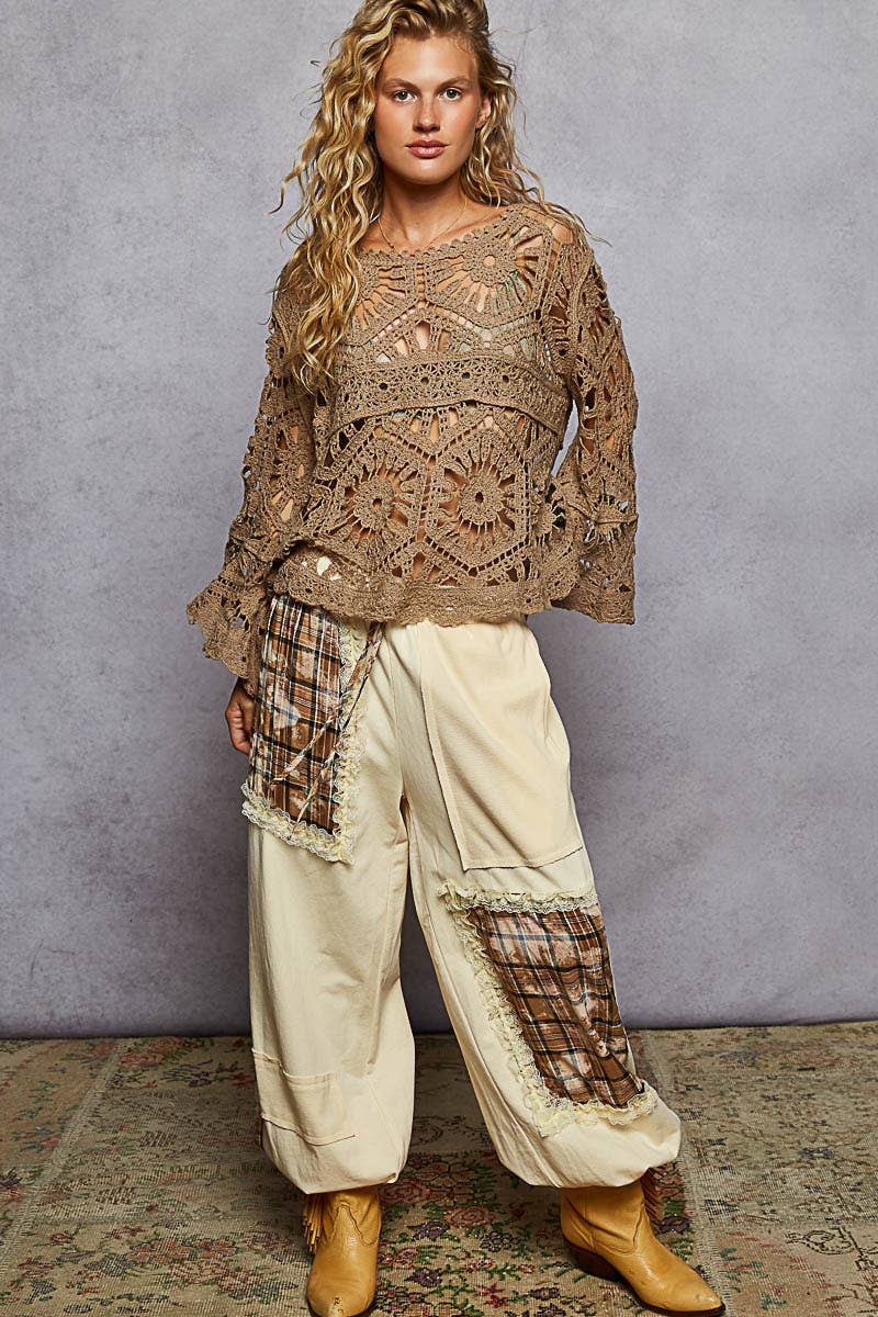 Pol Clothing - Round neck 3/4 sleeve crochet cropped top