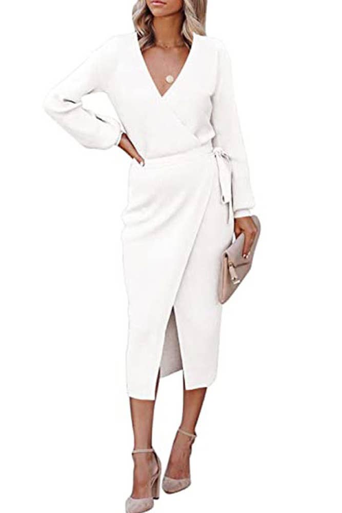 V Neck Knit Midi Dress With Sash