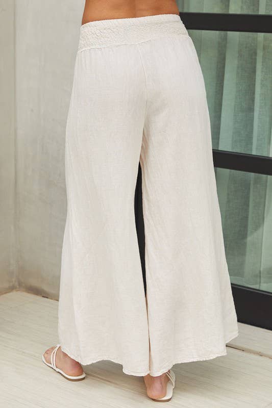 VENTI6 - ELASTIC SMOCKED WAIST LINEN WIDE LEG PANT