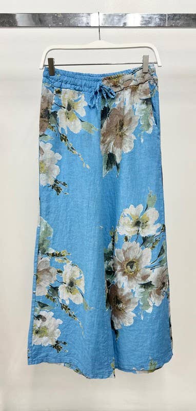 VENTI6 - MAGNOLIA FLOWERS PRINT LINEN WIDE LEG PANTS
