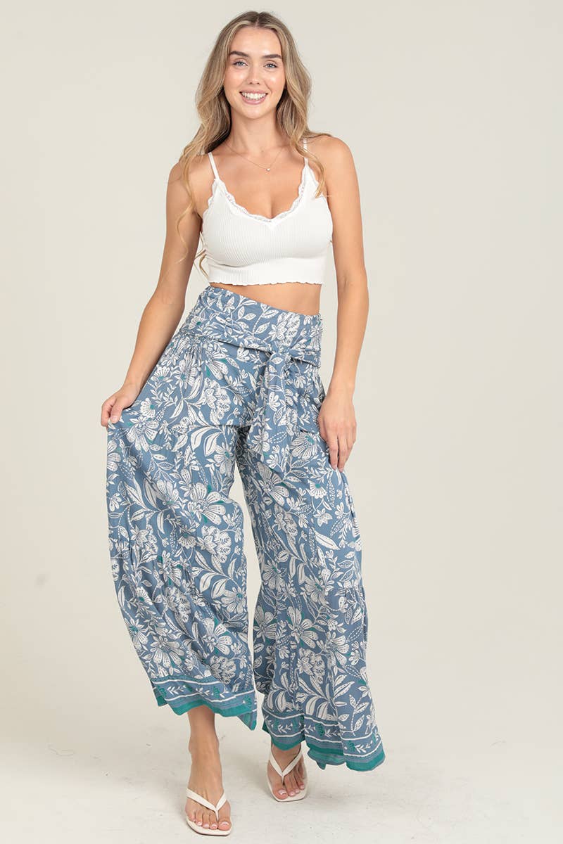 Blue Tie Waist Wide Leg Pants