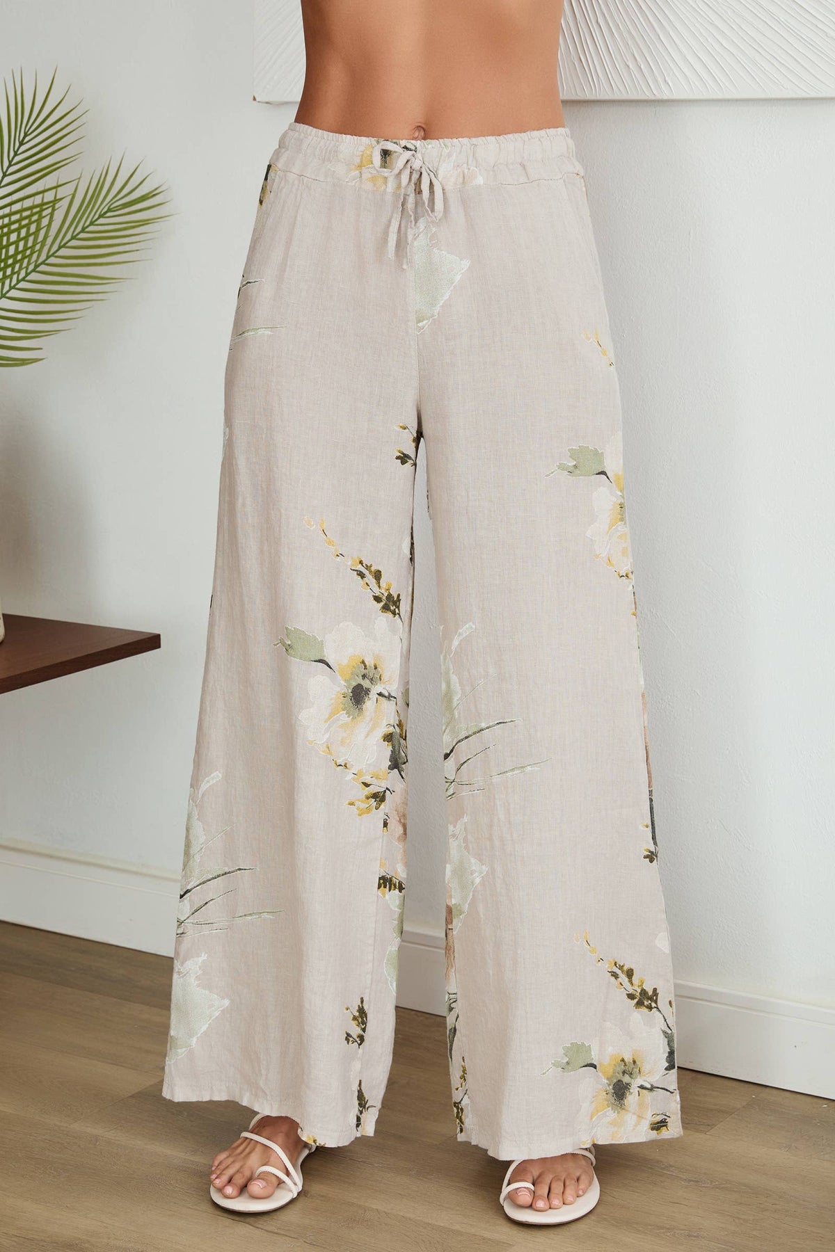 VENTI6 - MAGNOLIA FLOWERS PRINT LINEN WIDE LEG PANTS