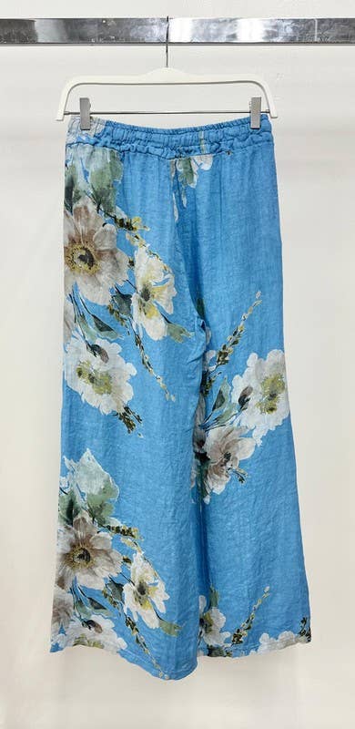 VENTI6 - MAGNOLIA FLOWERS PRINT LINEN WIDE LEG PANTS