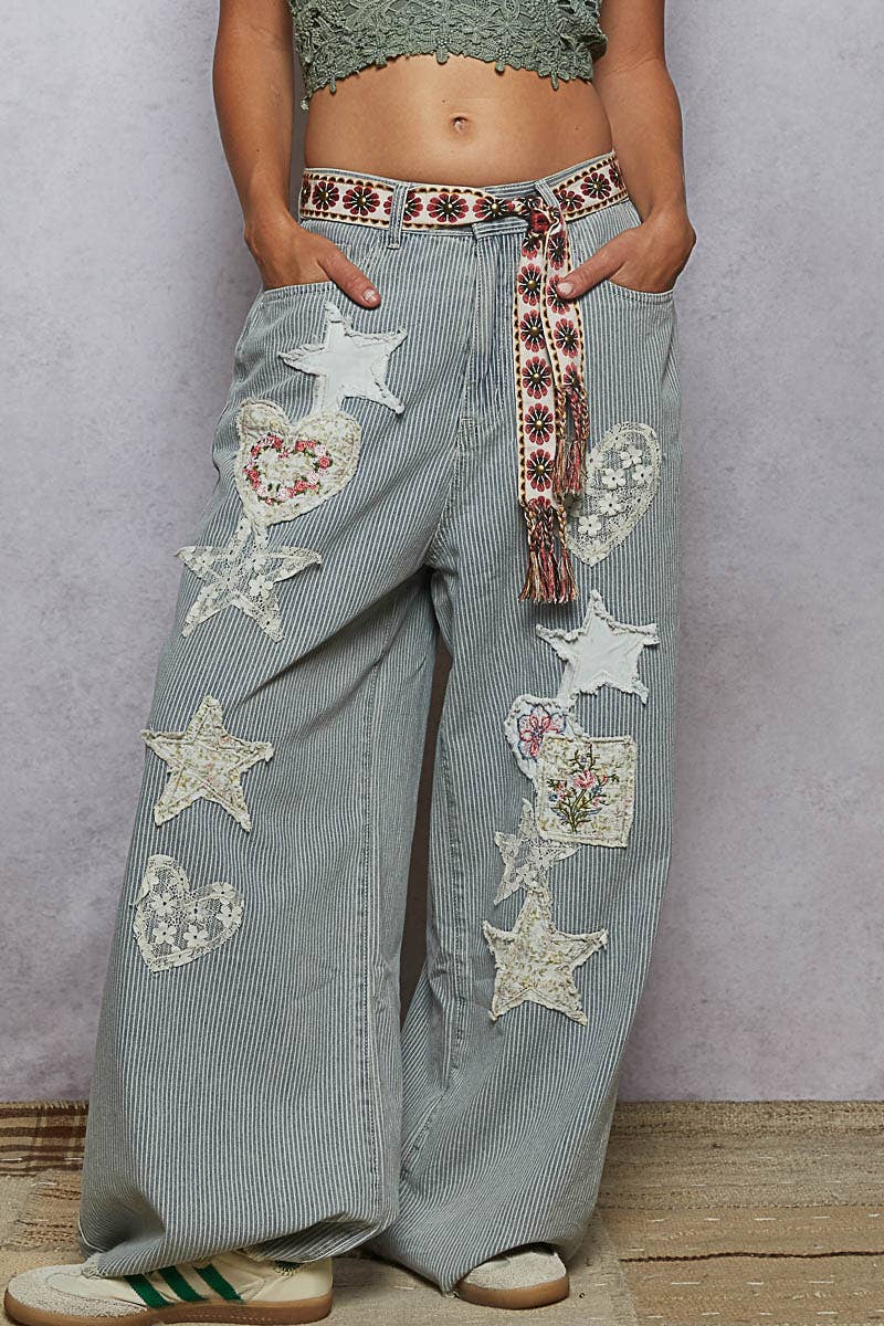 Pol Clothing - Embroidery solid floral wide denim pants