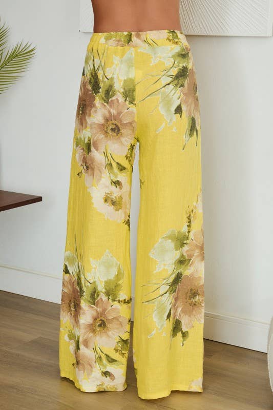 VENTI6 - MAGNOLIA FLOWERS PRINT LINEN WIDE LEG PANTS