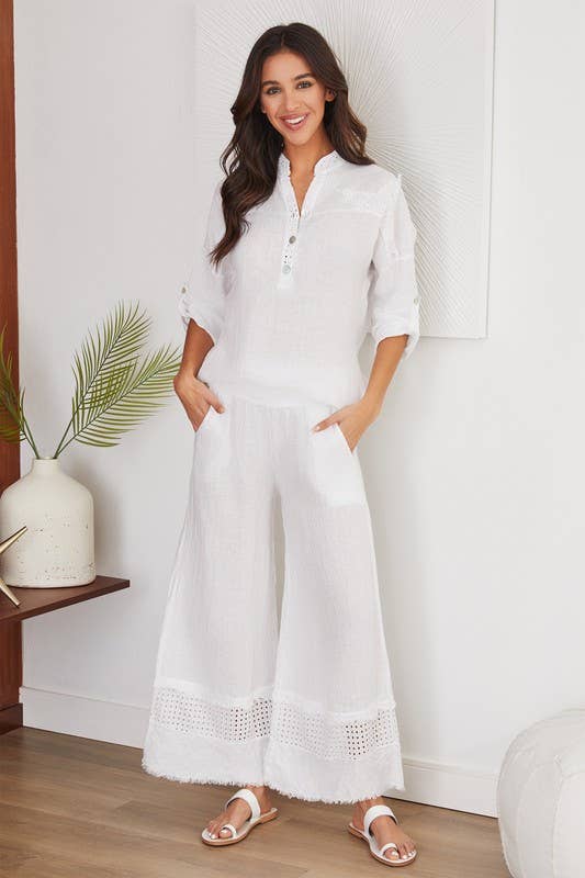 VENTI6 - FRINGE HEM EYELET CONTRAST WIDE LEG LINEN PANTS