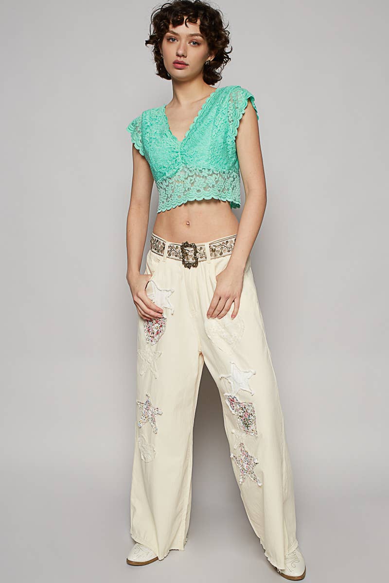 Pol Clothing - Embroidery solid floral wide denim pants