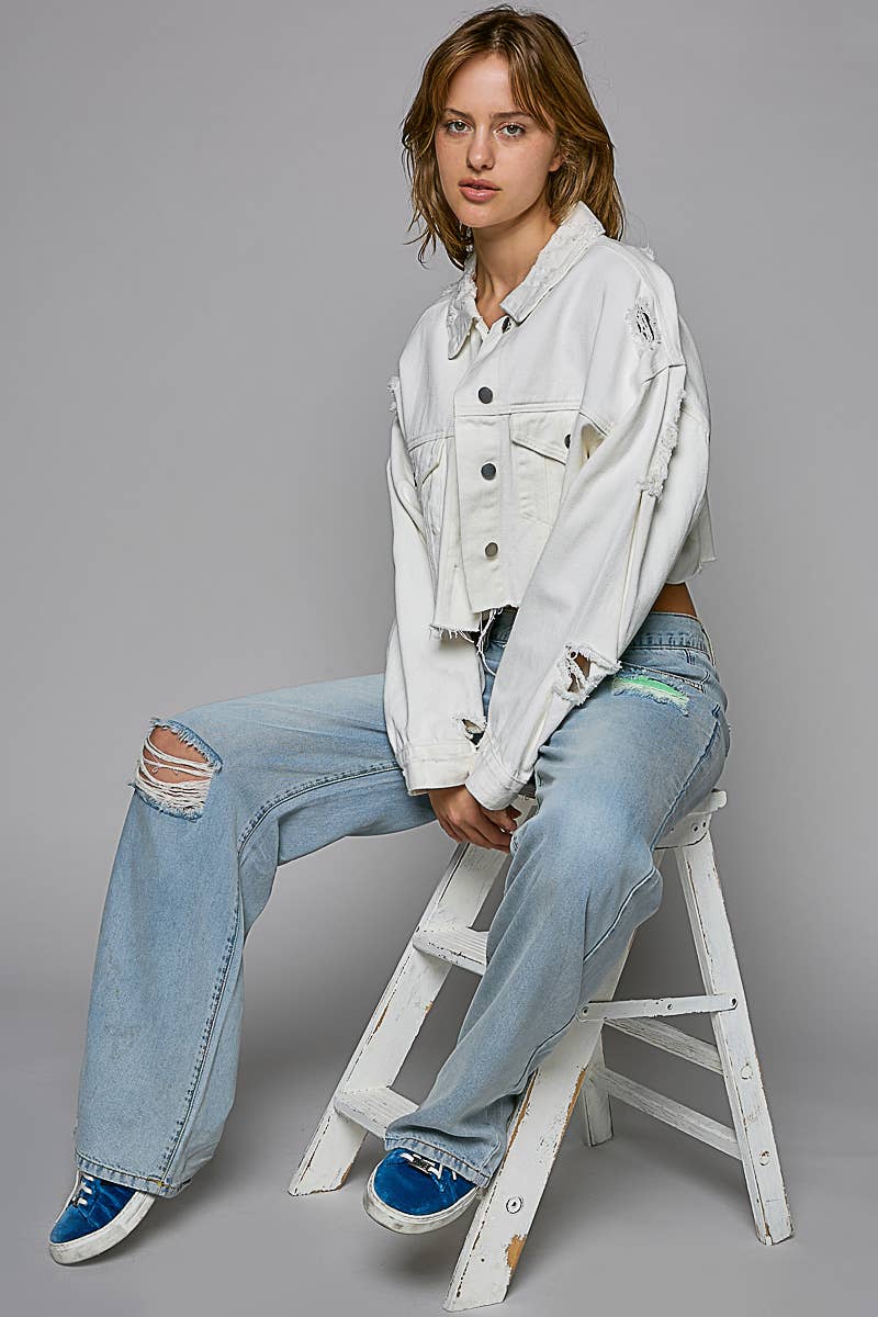 Cropped distressed raw edge denim jacket