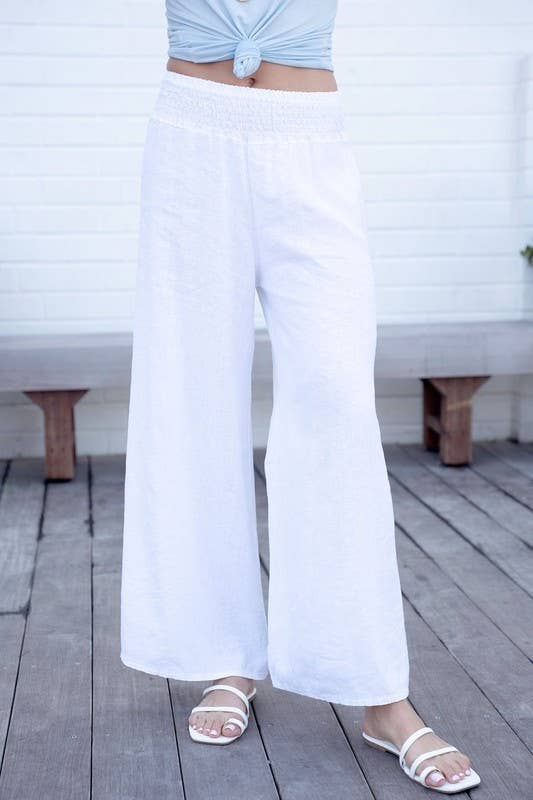 VENTI6 - ELASTIC SMOCKED WAIST LINEN WIDE LEG PANT
