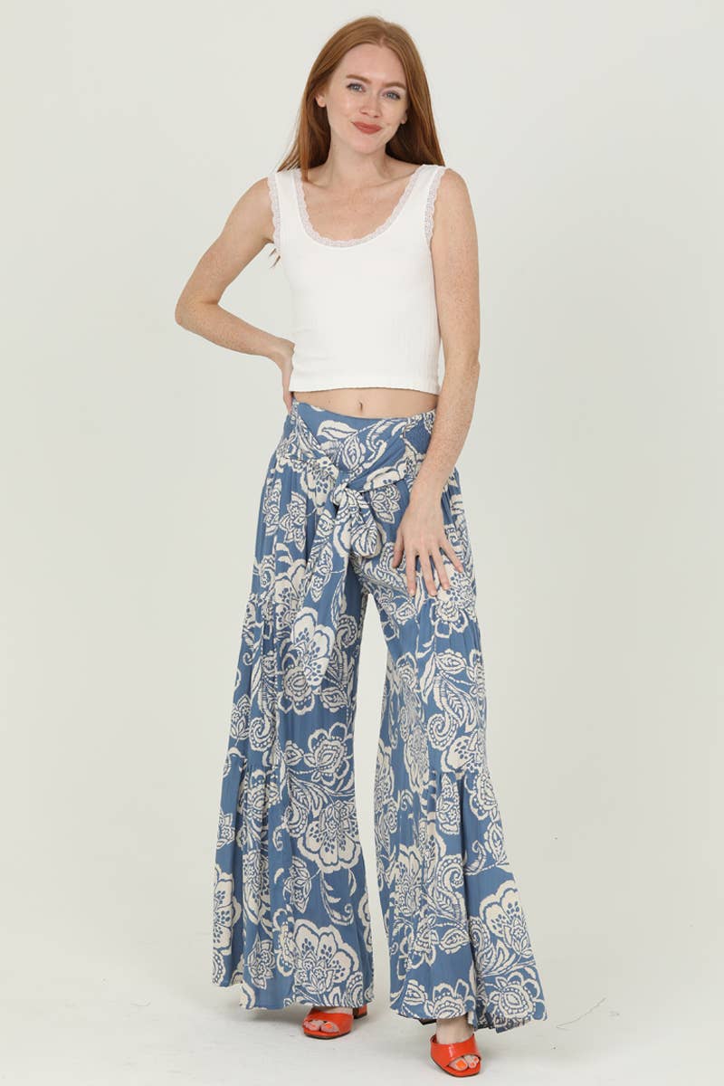 ANGIE BLUE WIDE LEG PANTS WITH TIE WAIST