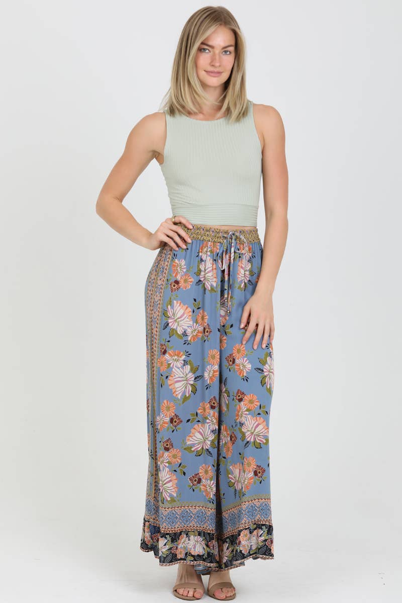 Blue Floral Printed Wide Leg Pants