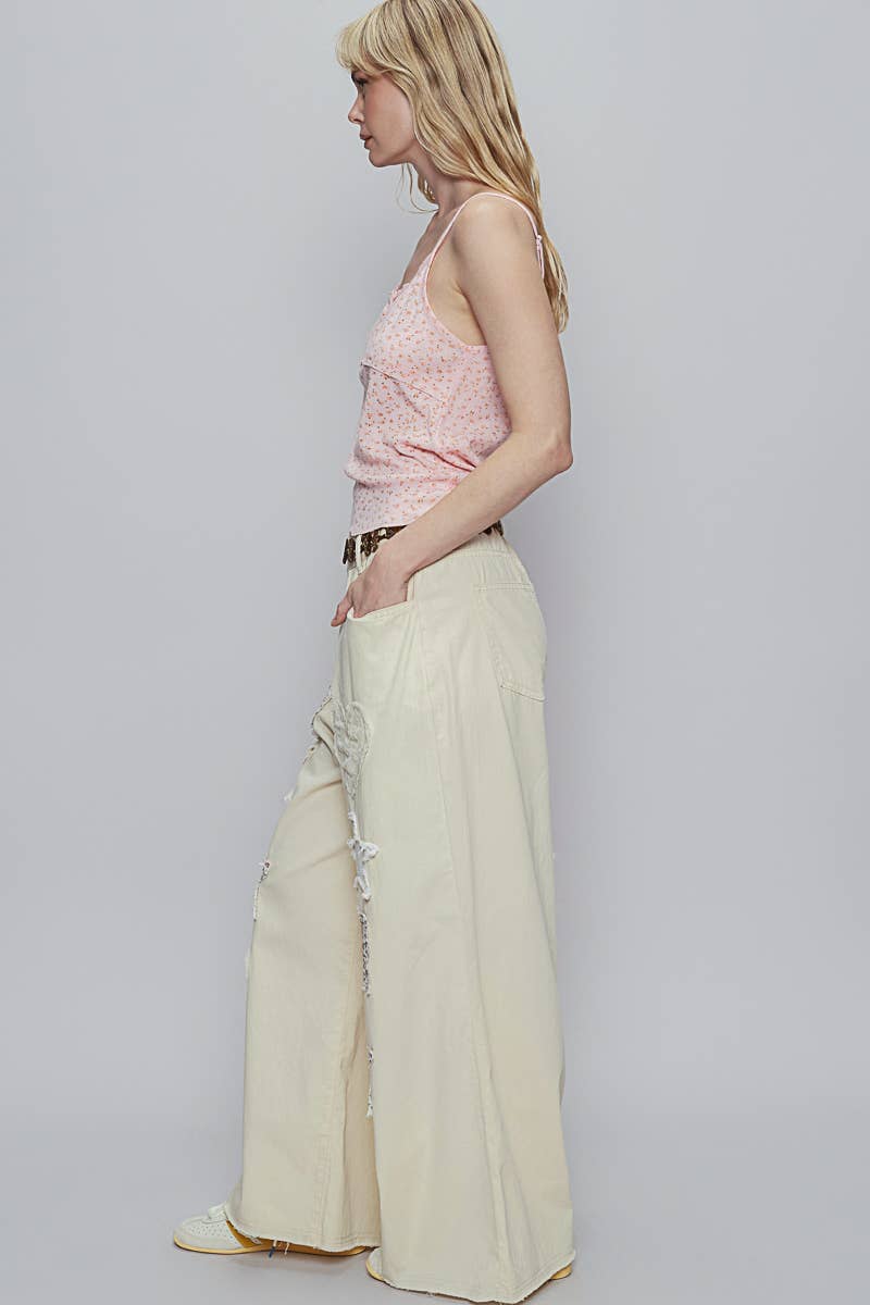 Pol Clothing - Embroidery solid floral wide denim pants