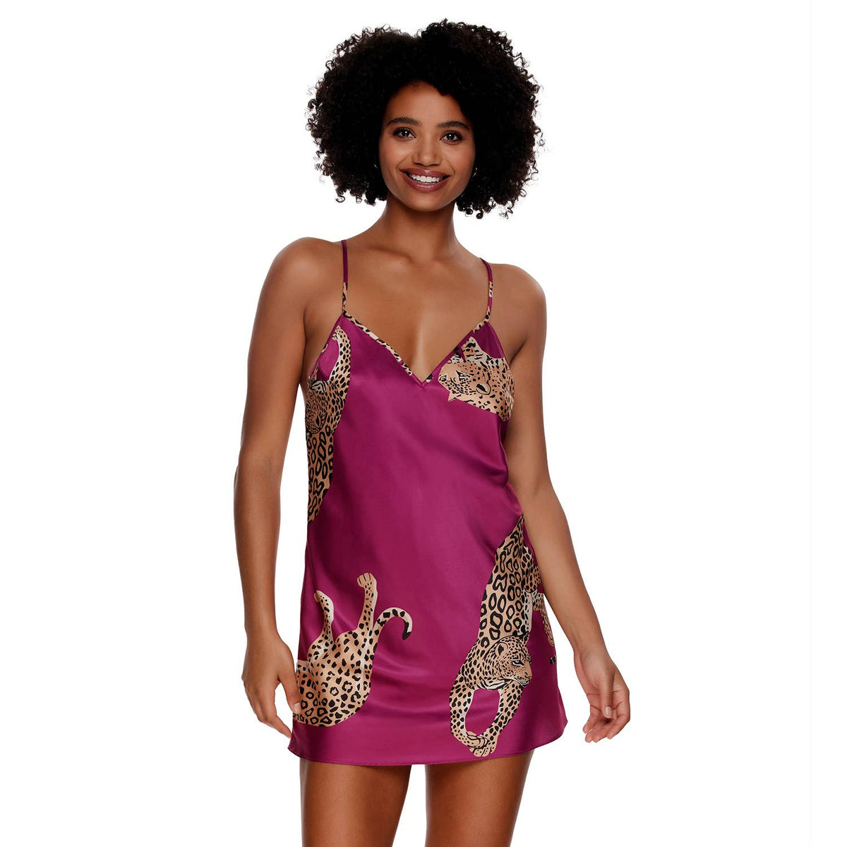 Felina - Adrienne Printed Satin Chemise - Cranes, Tigers, Jaguars