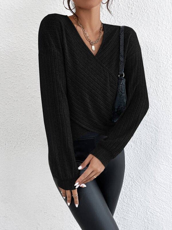 Solid V-Neck Cross Loose Long Sleeves Blouse