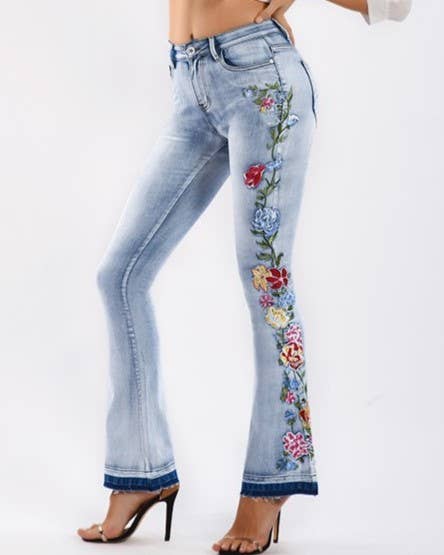 Floral embellished flare light blue jeans