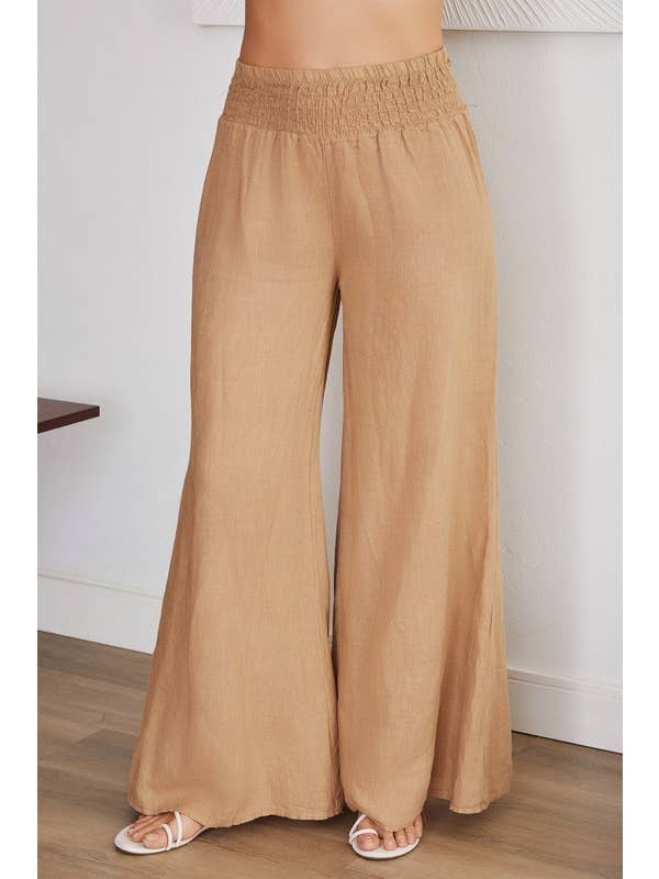 Elastic Smocked Waist Linen Wide Leg Palant