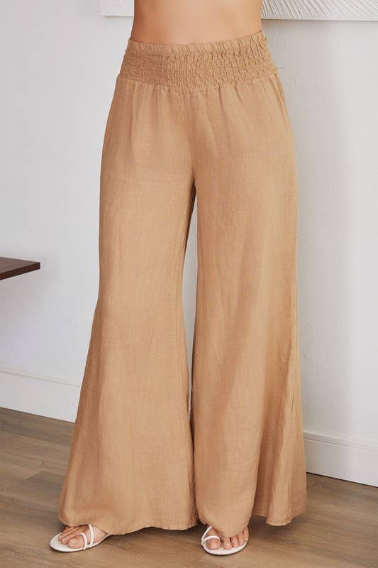 VENTI6 - ELASTIC SMOCKED WAIST LINEN WIDE LEG PANT