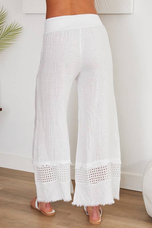 VENTI6 - FRINGE HEM EYELET CONTRAST WIDE LEG LINEN PANTS