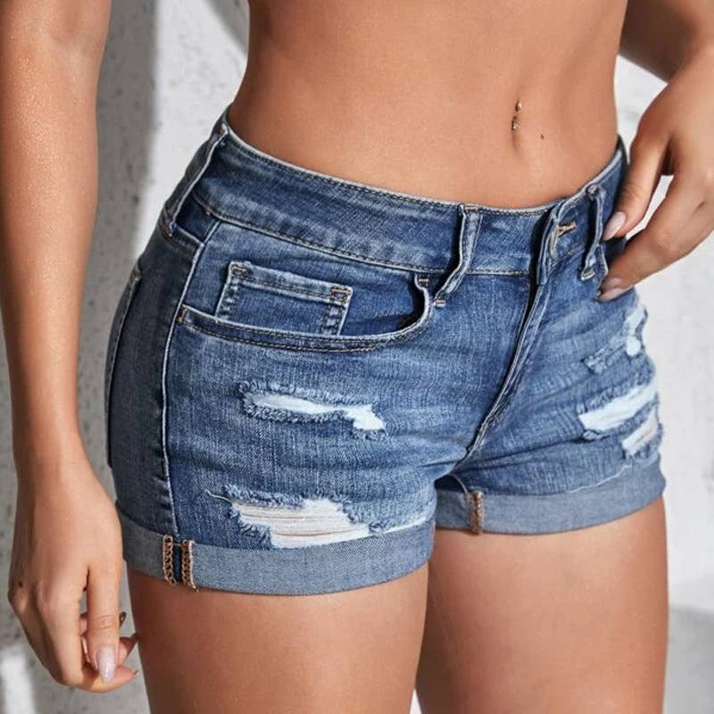 HIDDENBRAND - High Rise Slim Fit Ripped Denim Shorts
