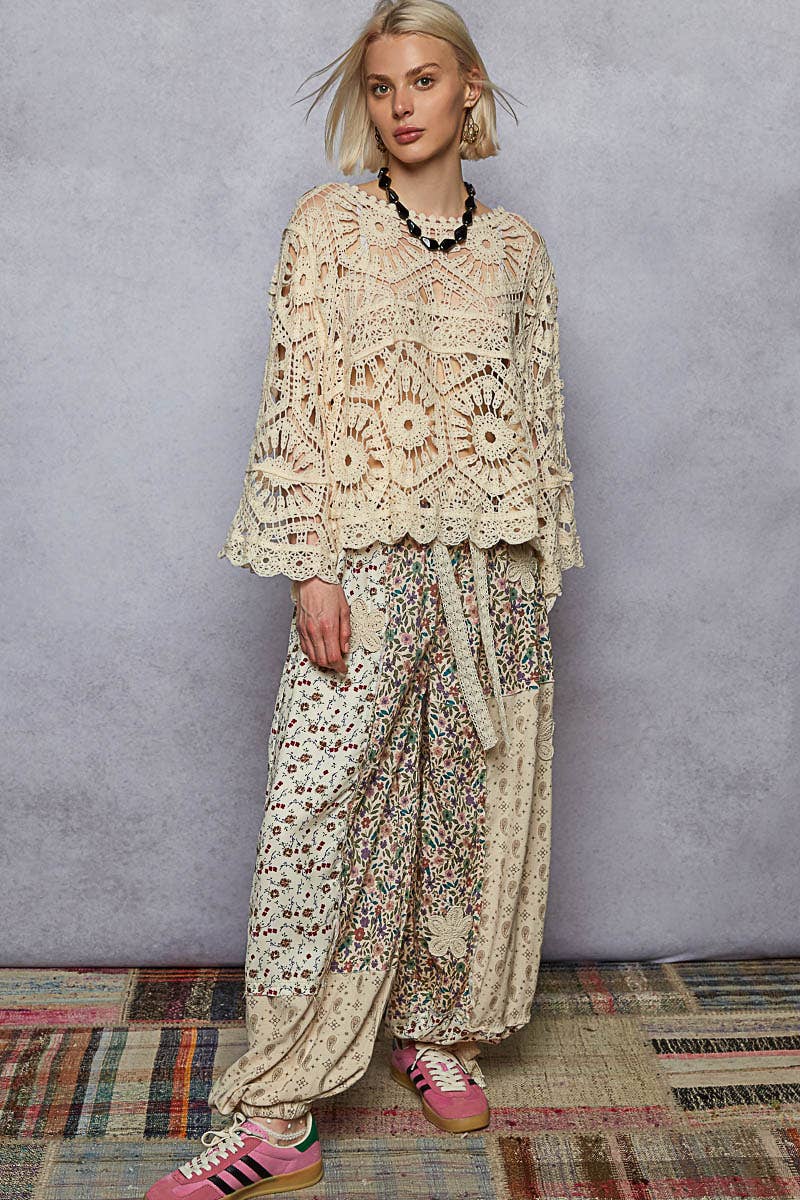 Pol Clothing - Round neck 3/4 sleeve crochet cropped top