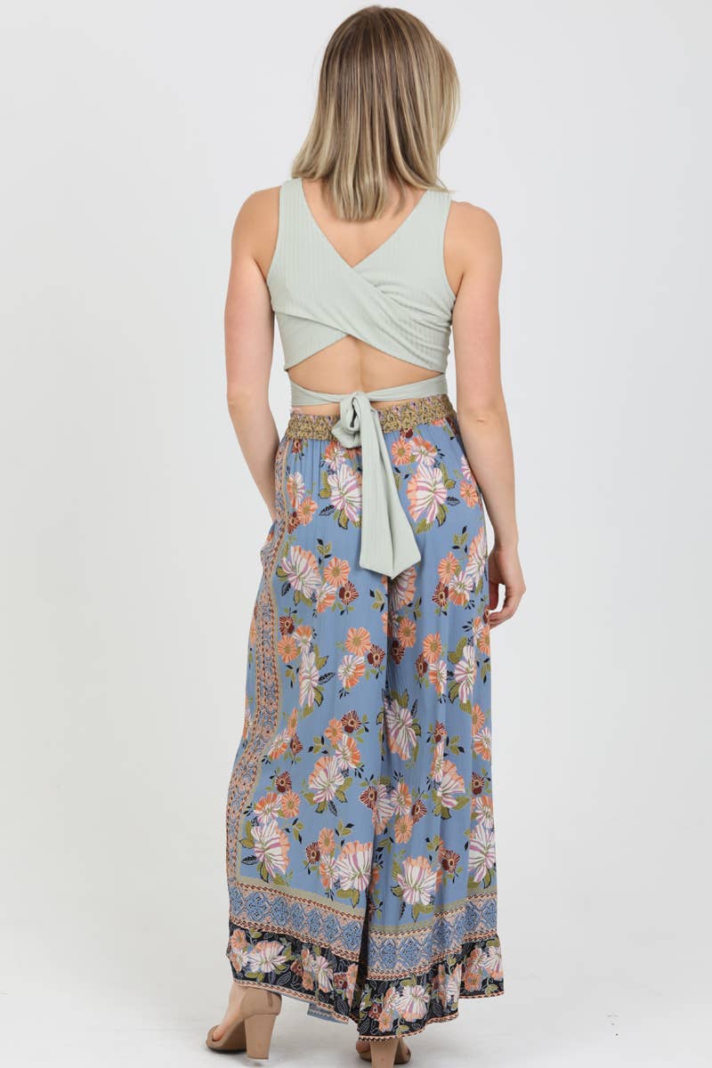 Blue Floral Printed Wide Leg Pants