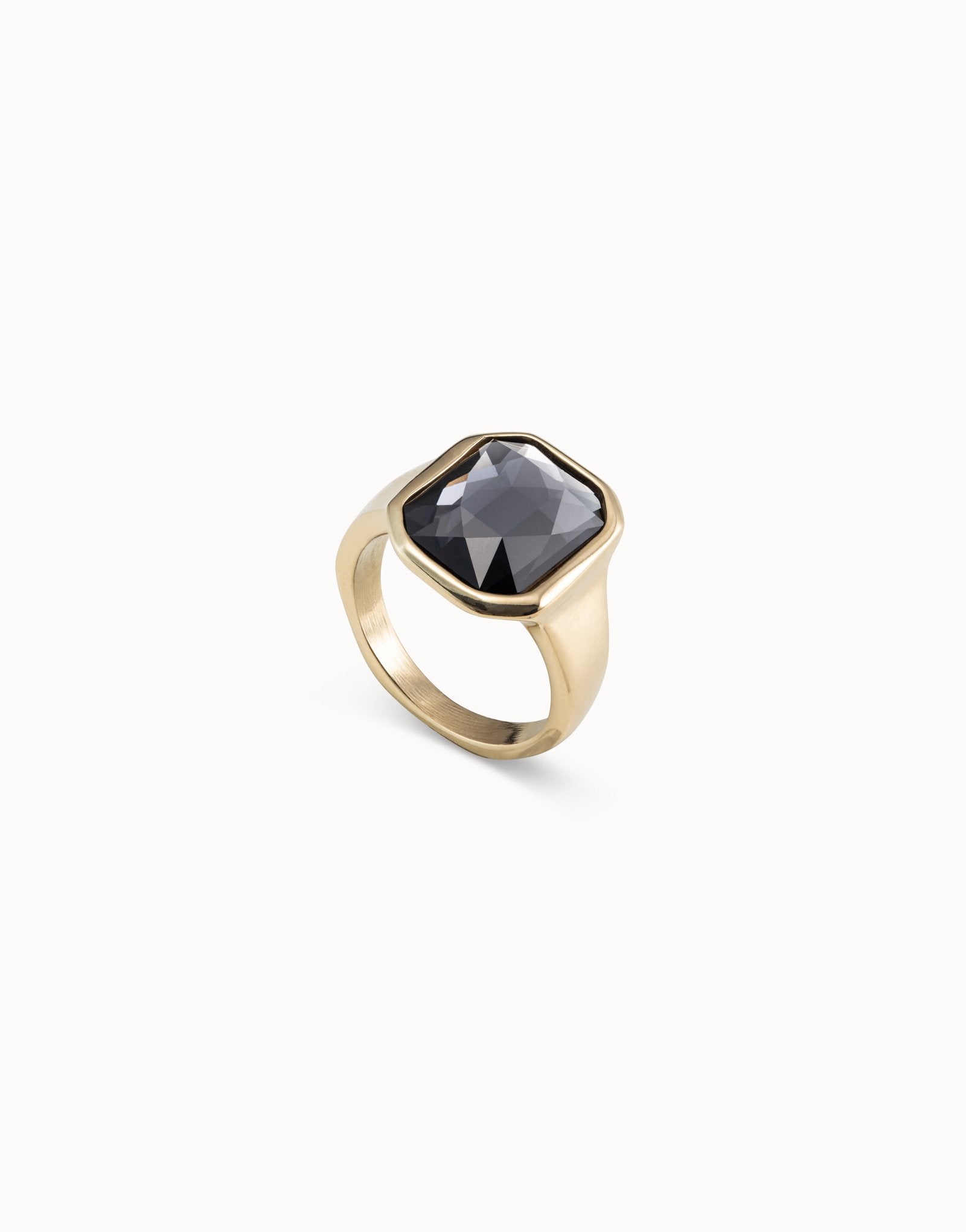 UNODE50 gold ring with dark gray crystal