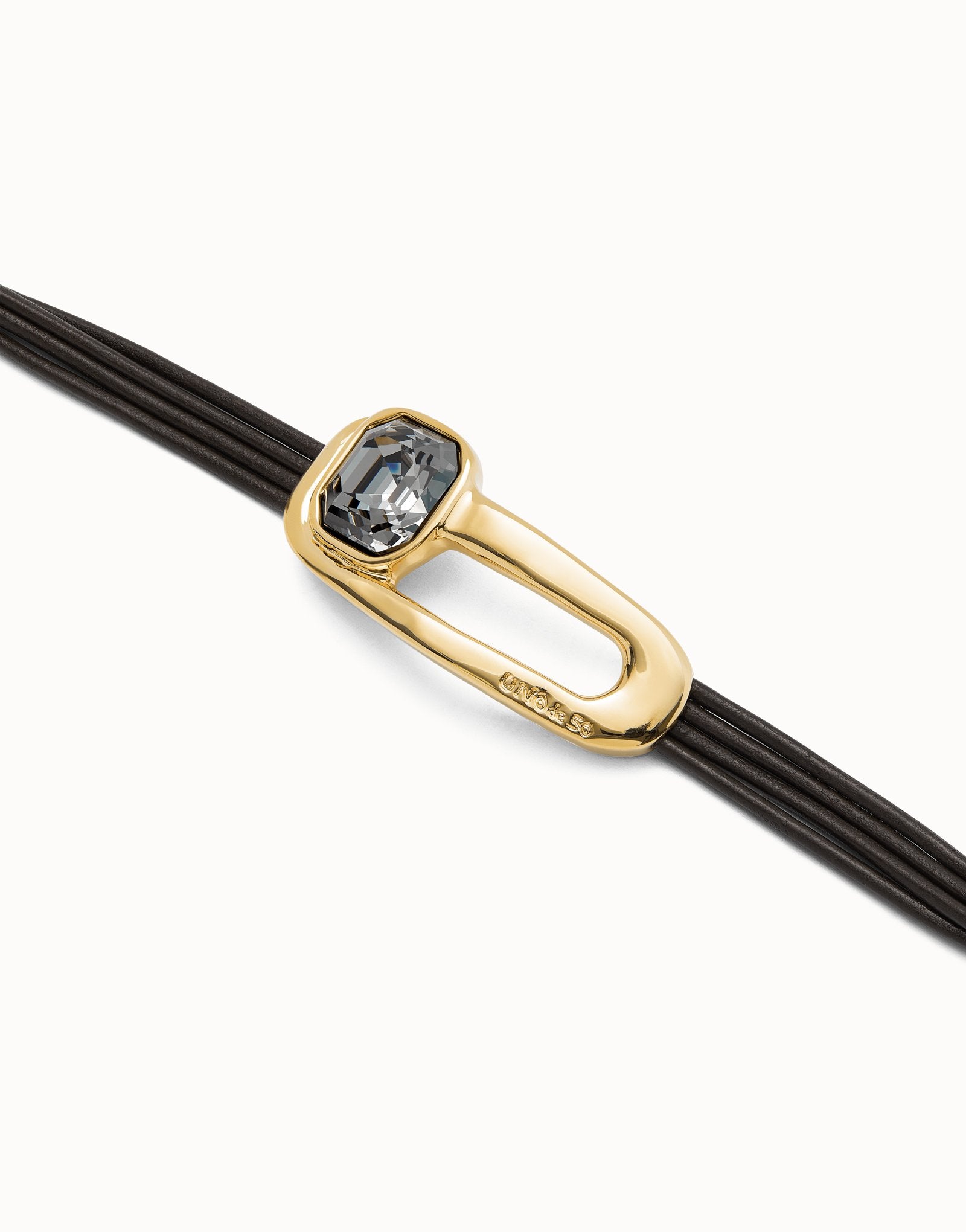 Unode50 Leather bracelet with a black crystal gold