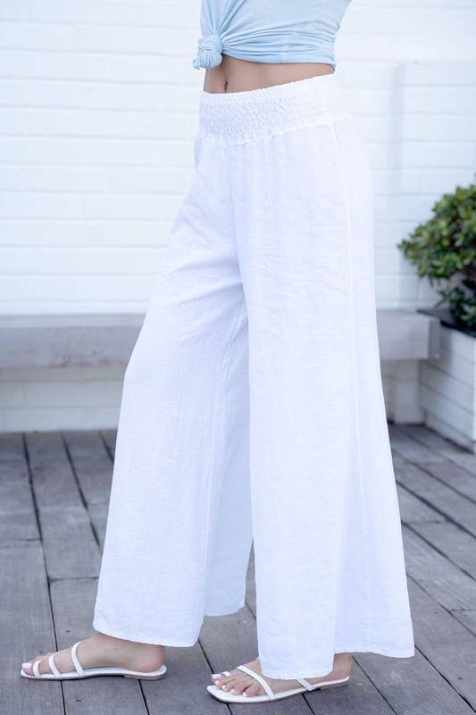VENTI6 - ELASTIC SMOCKED WAIST LINEN WIDE LEG PANT