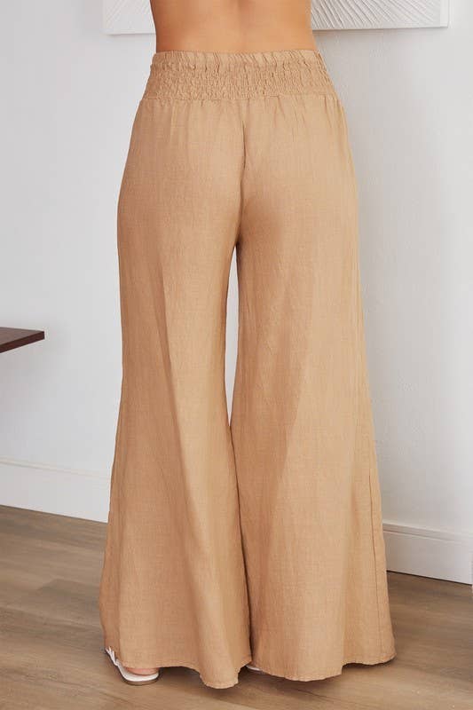 VENTI6 - ELASTIC SMOCKED WAIST LINEN WIDE LEG PANT