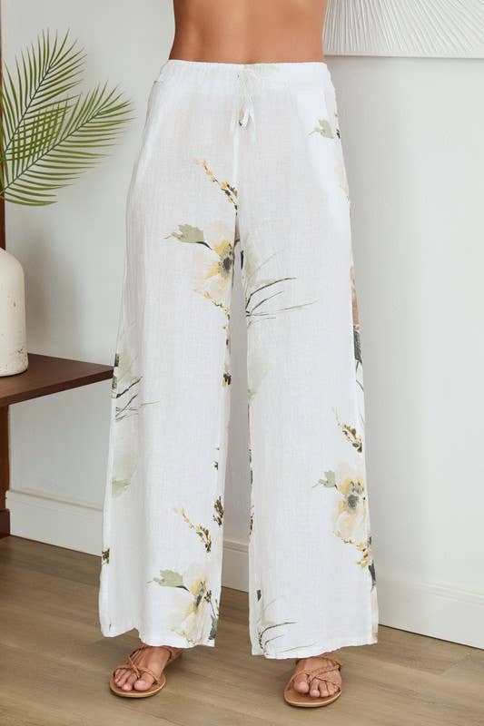 VENTI6 - MAGNOLIA FLOWERS PRINT LINEN WIDE LEG PANTS