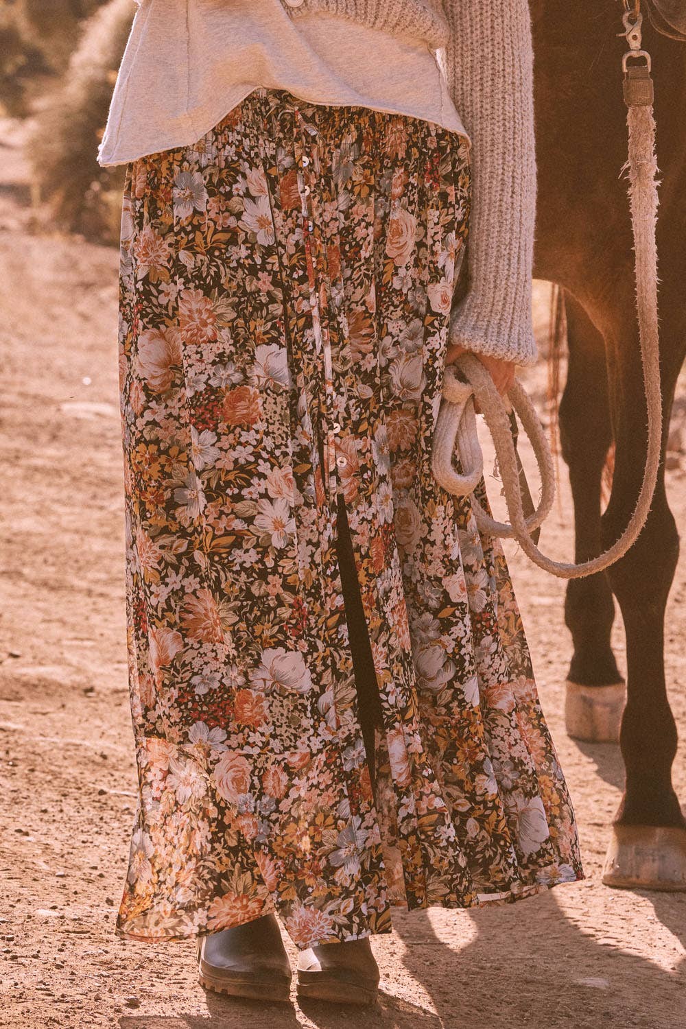Floral Front Slit Woven Maxi Skirt