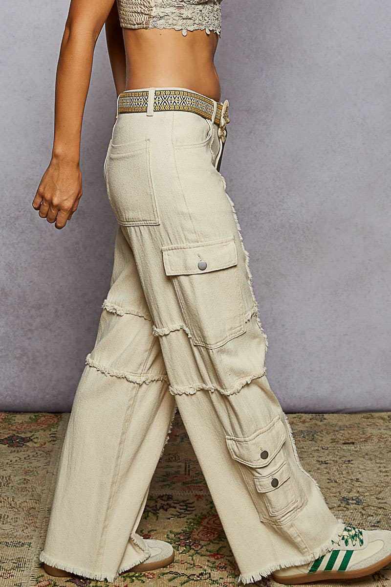 Pol Clothing - Outseam detailing multi pocket baggy cargo twill pants