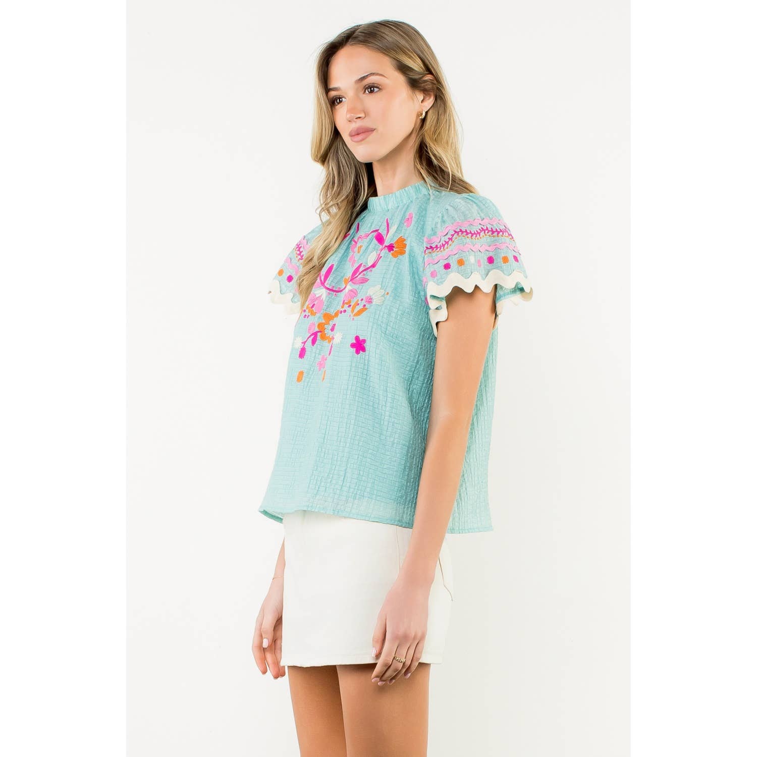 Flutter Sleeve Embroidered Detail Textured Top