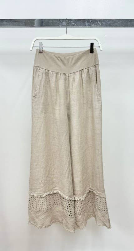 VENTI6 - FRINGE HEM EYELET CONTRAST WIDE LEG LINEN PANTS