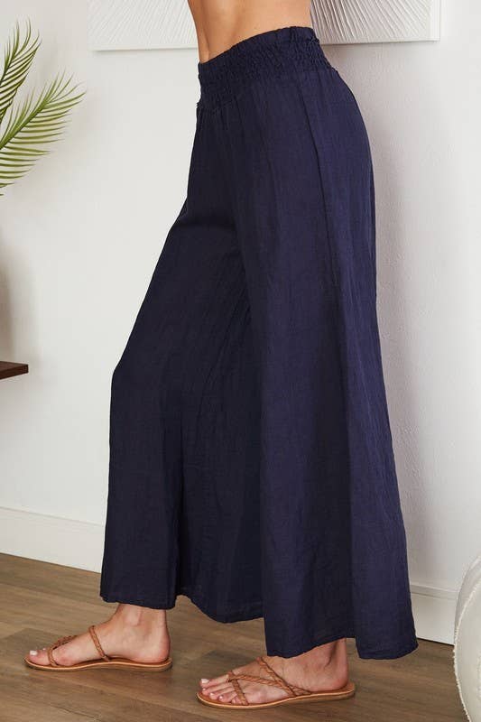 VENTI6 - ELASTIC SMOCKED WAIST LINEN WIDE LEG PANT