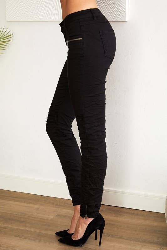 ZIPPERED POCKET MOTO CRINKLE DENIM PANTS