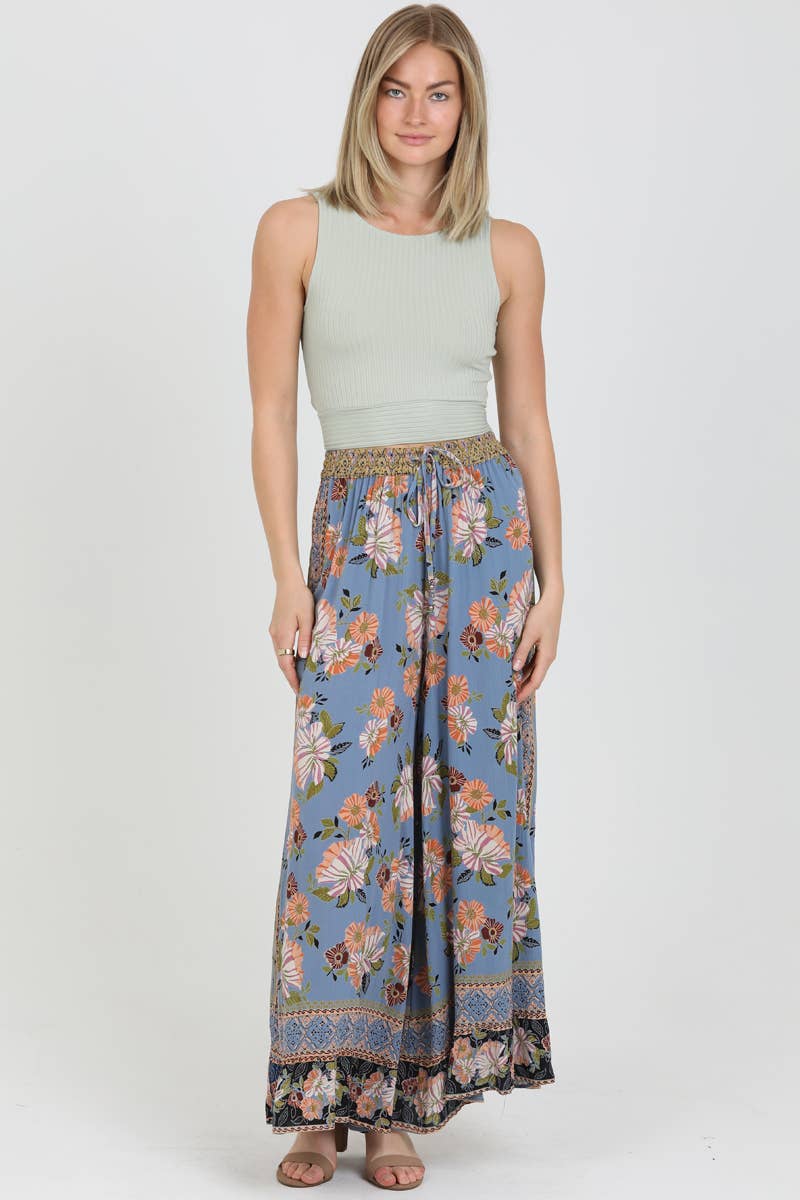 Blue Floral Printed Wide Leg Pants