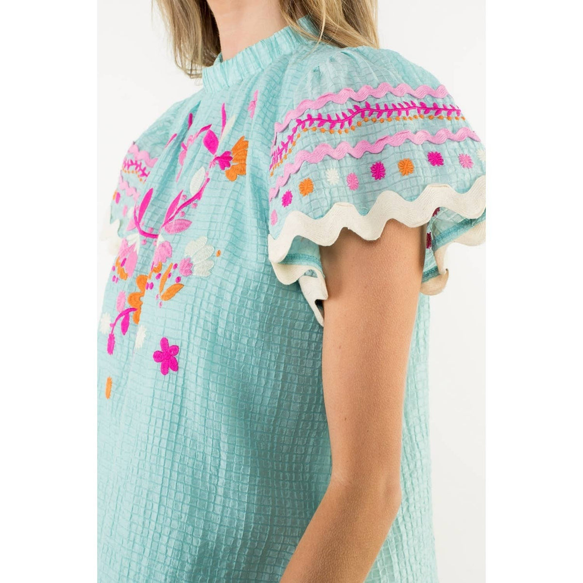 Flutter Sleeve Embroidered Detail Textured Top