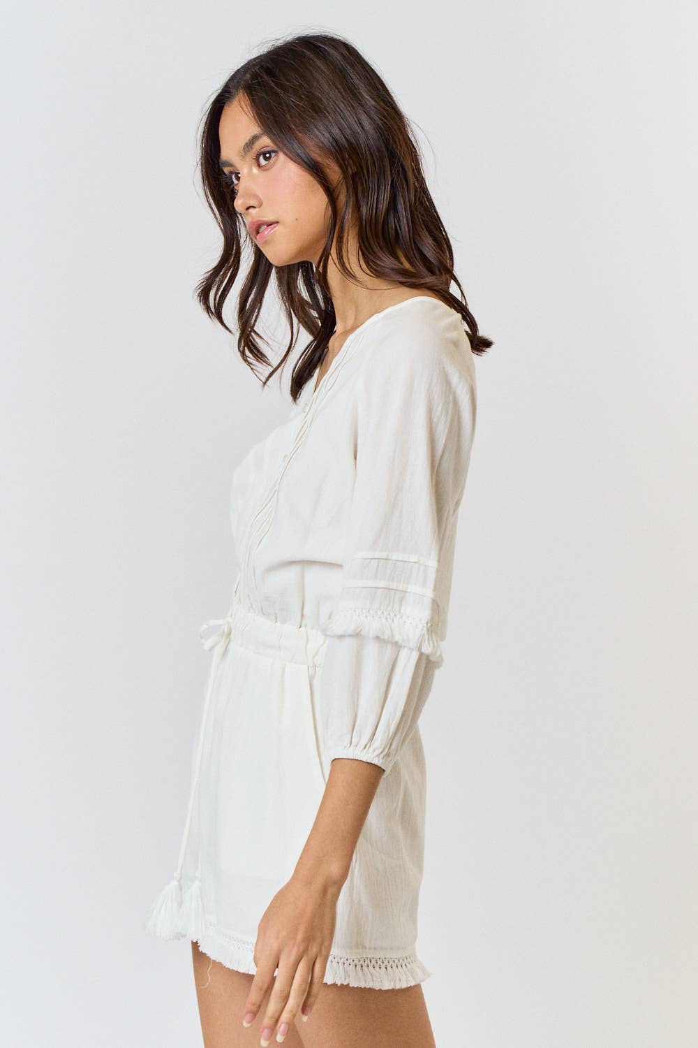 3/4 SLEEVE BUTTON UP V-NECK ROMPER