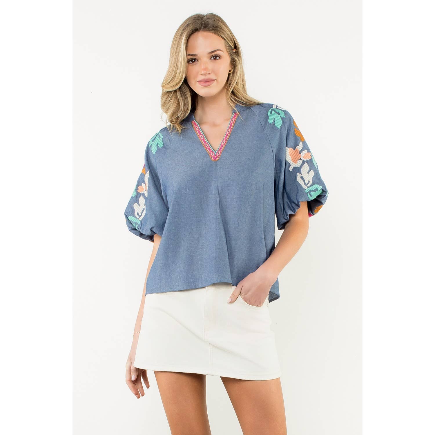 Embroidered Puff Sleeve V-Neck Top