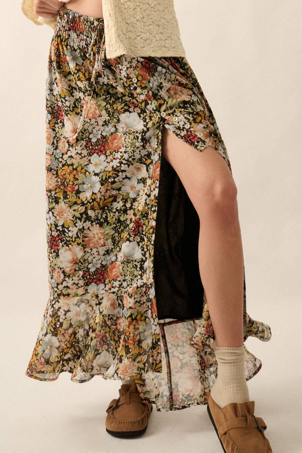 Floral Front Slit Woven Maxi Skirt