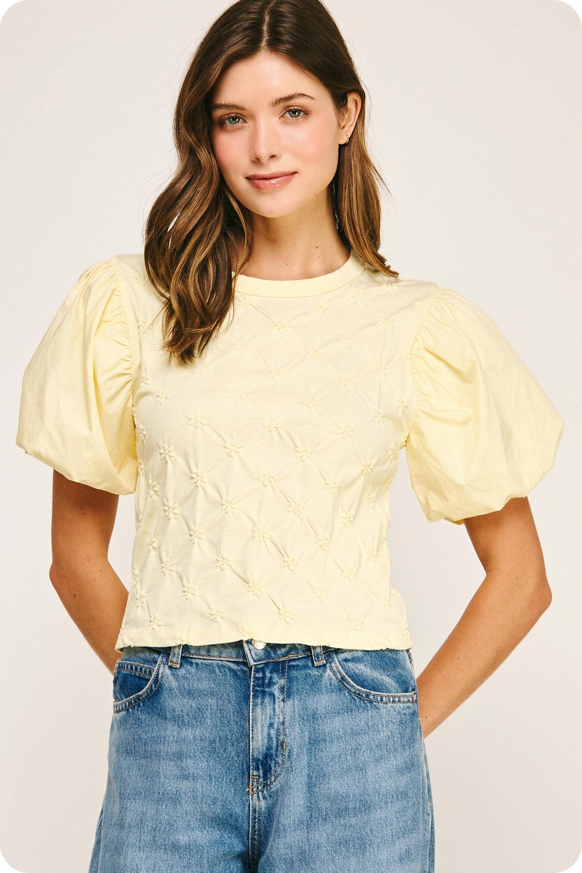 Flower Embossed Puff Sleeve Tee Top