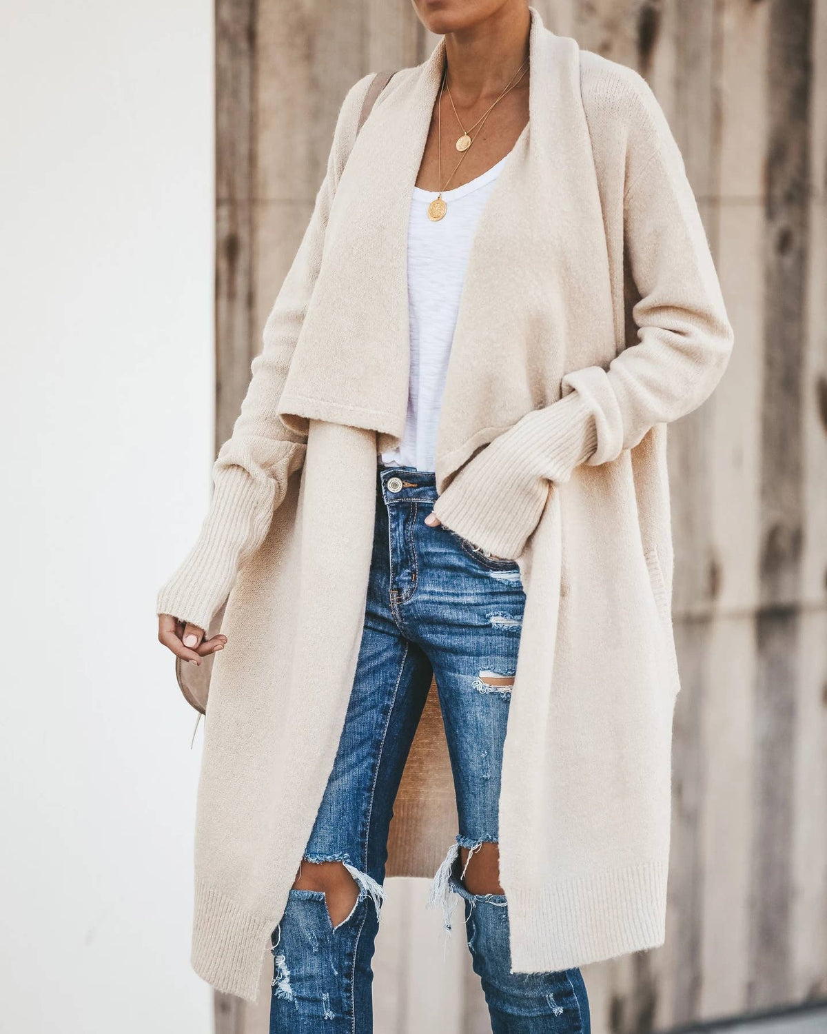 Large lapel unbuttoned solid color long cardigan coat