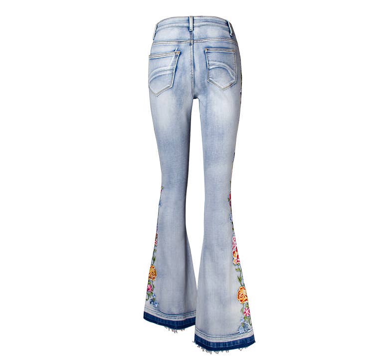 Floral embellished flare light blue jeans