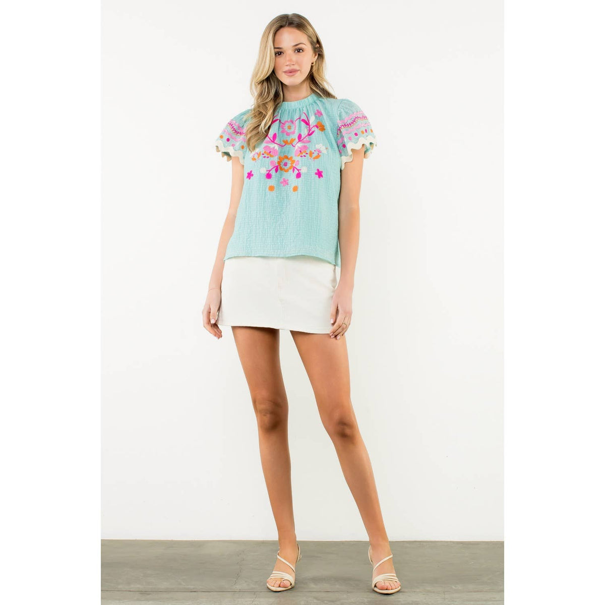 Flutter Sleeve Embroidered Detail Textured Top