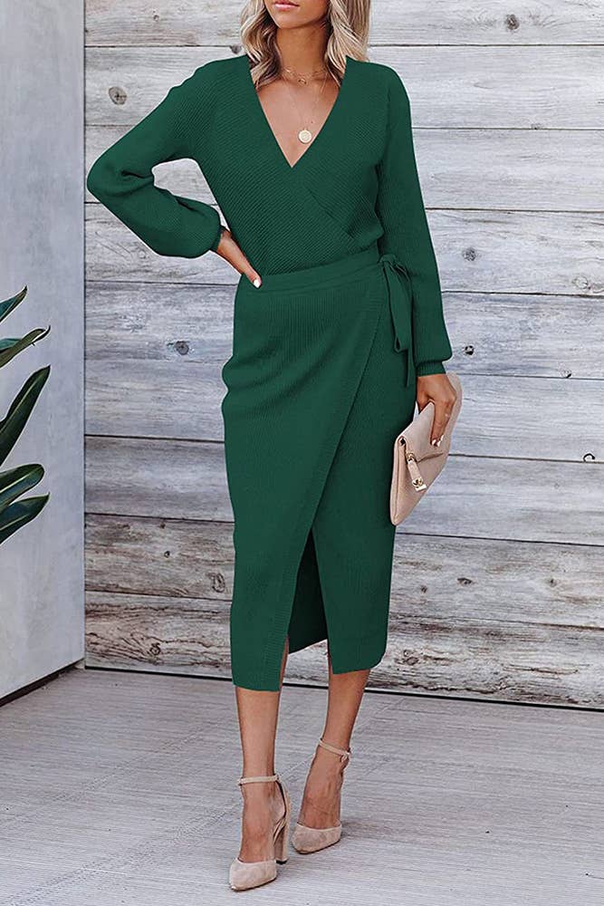 V Neck Knit Midi Dress With Sash